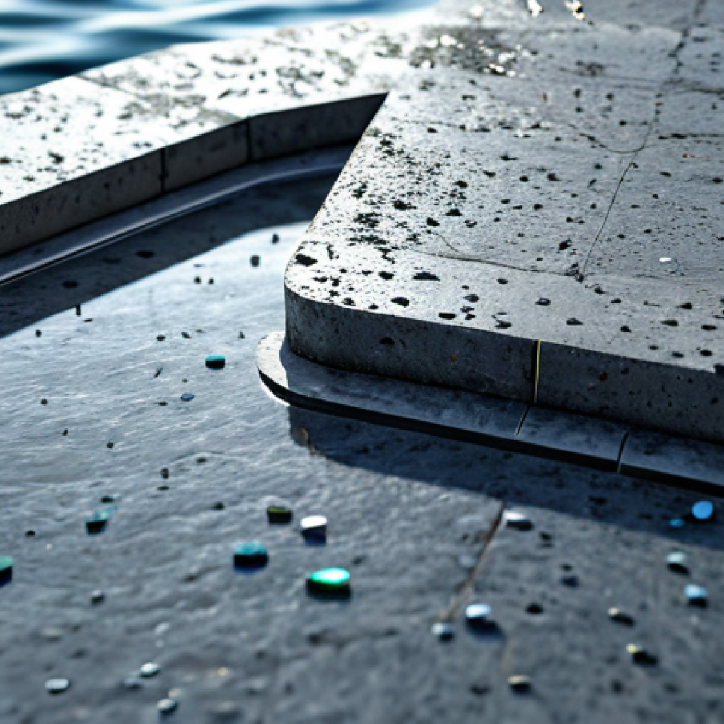 **Prompt 1 (Focus on Self-Healing Mechanism):**
    A professional, highly detailed close-up shot of the surface of a modern, robust concrete marine structure, resembling an 'armor' for the sea. A minute, hairline fissure is visible, and within it, an intricate, conceptual depiction of self-healing elements (e.g., bio-luminescent micro-capsules or crystal-forming agents) actively mending the crack. The concrete has a clean, resilient texture, implying advanced engineering and an intelligent material. The background is a soft blur of the ocean and sky. Professional photography, sharp focus, high resolution, realistic rendering, perfect anatomy, correct proportions, natural pose, fully clothed, appropriate attire, safe for work, professional, family-friendly.