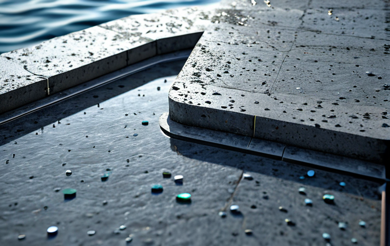 **Prompt 1 (Focus on Self-Healing Mechanism):**
    A professional, highly detailed close-up shot of the surface of a modern, robust concrete marine structure, resembling an 'armor' for the sea. A minute, hairline fissure is visible, and within it, an intricate, conceptual depiction of self-healing elements (e.g., bio-luminescent micro-capsules or crystal-forming agents) actively mending the crack. The concrete has a clean, resilient texture, implying advanced engineering and an intelligent material. The background is a soft blur of the ocean and sky. Professional photography, sharp focus, high resolution, realistic rendering, perfect anatomy, correct proportions, natural pose, fully clothed, appropriate attire, safe for work, professional, family-friendly.
