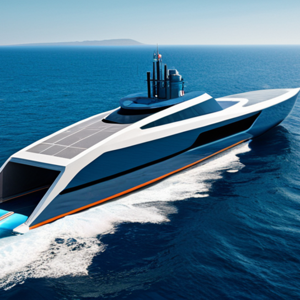 A futuristic, large-scale hydrogen-powered marine vessel with a sleek, aerodynamic hull, cutting through calm, deep blue ocean waters. The vessel showcases advanced engineering and a clean, minimalist design. A few professional engineers, fully clothed in appropriate, modest work attire, are visible on a viewing deck, observing the horizon with a sense of innovation. The scene is bright and optimistic, emphasizing clean energy and efficiency. Perfect anatomy, correct proportions, natural pose, well-formed hands, proper finger count, natural body proportions, safe for work, appropriate content, fully clothed, professional dress.