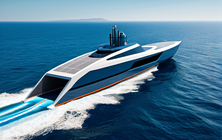 A futuristic, large-scale hydrogen-powered marine vessel with a sleek, aerodynamic hull, cutting through calm, deep blue ocean waters. The vessel showcases advanced engineering and a clean, minimalist design. A few professional engineers, fully clothed in appropriate, modest work attire, are visible on a viewing deck, observing the horizon with a sense of innovation. The scene is bright and optimistic, emphasizing clean energy and efficiency. Perfect anatomy, correct proportions, natural pose, well-formed hands, proper finger count, natural body proportions, safe for work, appropriate content, fully clothed, professional dress.