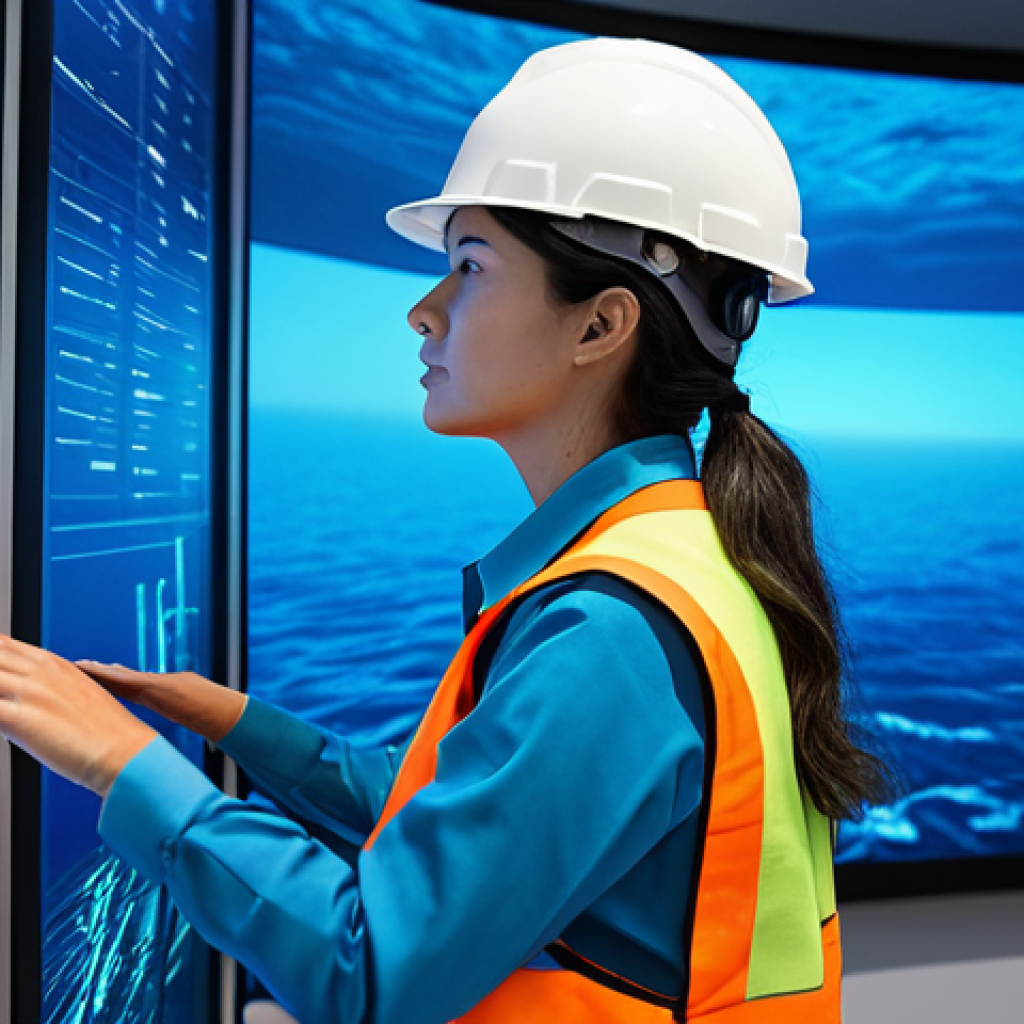 A professional female engineer in a modest, practical work suit, wearing a safety vest and hard hat, standing in a high-tech marine energy control room. She is looking intently at a large, transparent holographic display that projects a detailed, intricate 3D model of an advanced underwater tidal turbine. Her posture is natural, and her hands are well-formed and naturally positioned, possibly gesturing slightly towards the display. The background features large data screens showing complex algorithms and real-time ocean current data, bathed in ambient blue light. Professional photography, high resolution, perfect anatomy, correct proportions, natural body proportions, safe for work, appropriate content, fully clothed, professional dress.