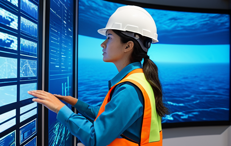 A professional female engineer in a modest, practical work suit, wearing a safety vest and hard hat, standing in a high-tech marine energy control room. She is looking intently at a large, transparent holographic display that projects a detailed, intricate 3D model of an advanced underwater tidal turbine. Her posture is natural, and her hands are well-formed and naturally positioned, possibly gesturing slightly towards the display. The background features large data screens showing complex algorithms and real-time ocean current data, bathed in ambient blue light. Professional photography, high resolution, perfect anatomy, correct proportions, natural body proportions, safe for work, appropriate content, fully clothed, professional dress.