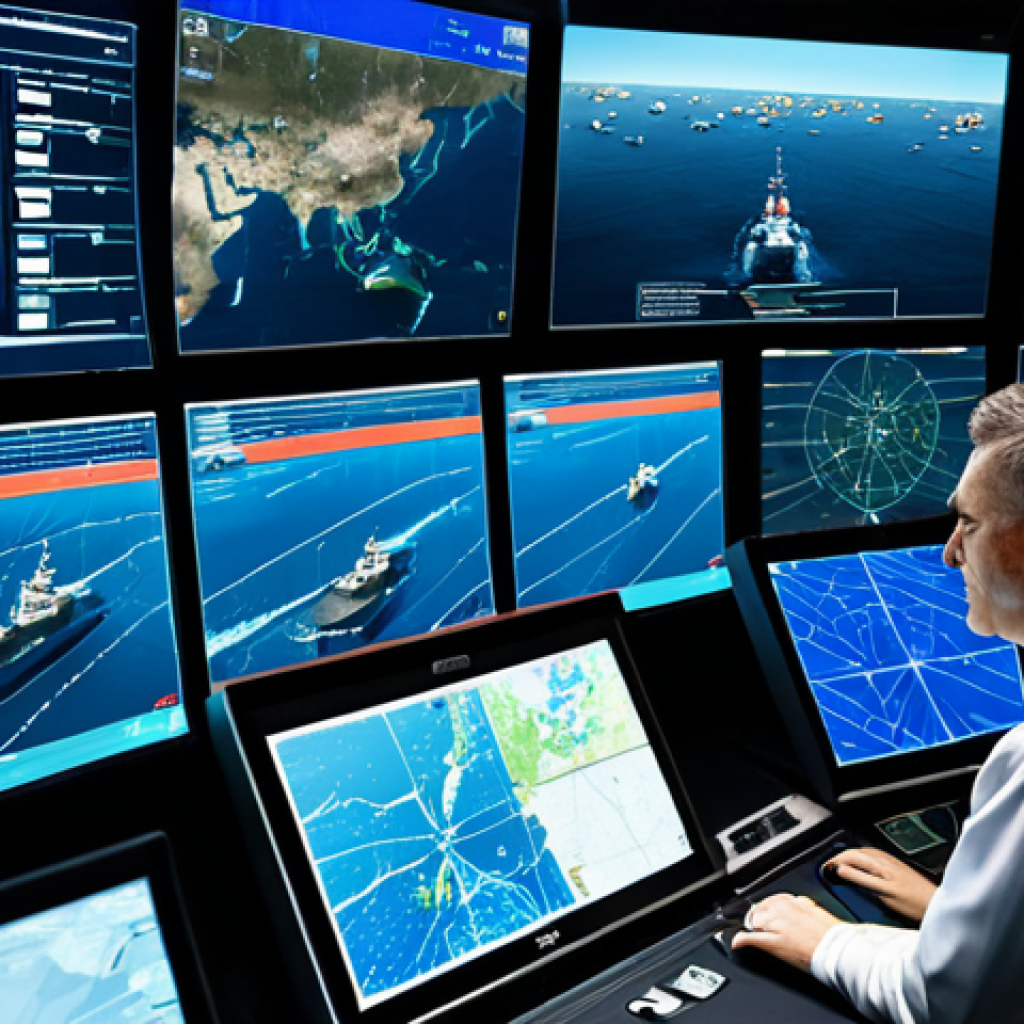 AI-Powered Maritime Surveillance**

"A modern maritime control center, featuring large screens displaying real-time vessel tracking data analyzed by AI. Controllers in professional attire are monitoring the displays. Satellite imagery and drone feeds are visible on the screens. Focus on technology and data visualization. Safe for work, appropriate content, fully clothed, professional, perfect anatomy, natural proportions, high quality, realistic."

**
