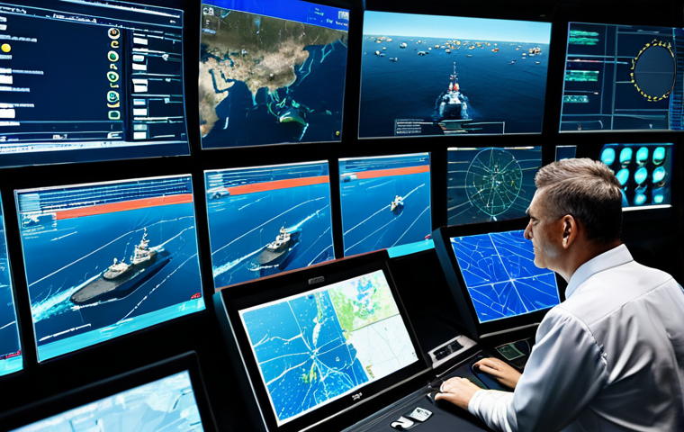 AI-Powered Maritime Surveillance**
"A modern maritime control center, featuring large screens displaying real-time vessel tracking data analyzed by AI. Controllers in professional attire are monitoring the displays. Satellite imagery and drone feeds are visible on the screens. Focus on technology and data visualization. Safe for work, appropriate content, fully clothed, professional, perfect anatomy, natural proportions, high quality, realistic."
**