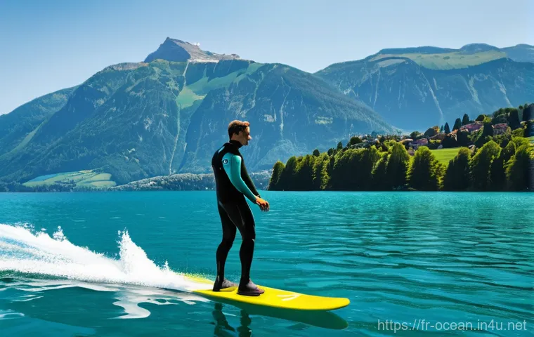 해양 레저 활동 기술 - **Prompt 1: E-Foil Thrill on a Serene Lake**
"A dynamic, medium shot of a person gracefully ridi...