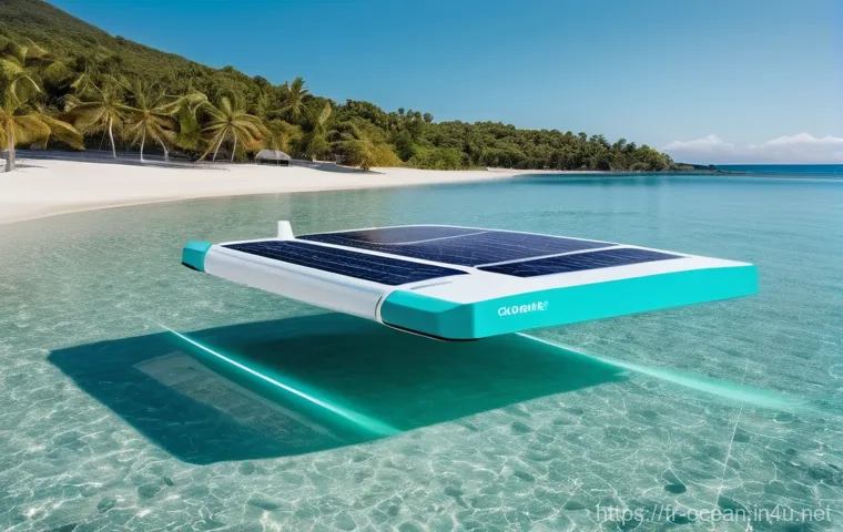 해양 환경 보호 장비 - Image Prompt 1: Autonomous Plastic Collection Drone in a Pristine Bay**