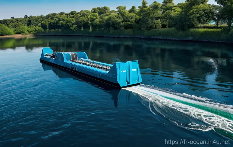해양 환경 정화 기술 - **Prompt for an Ocean Cleanup Interceptor:**
    "A majestic, wide shot of The Ocean Cleanup's Inter...