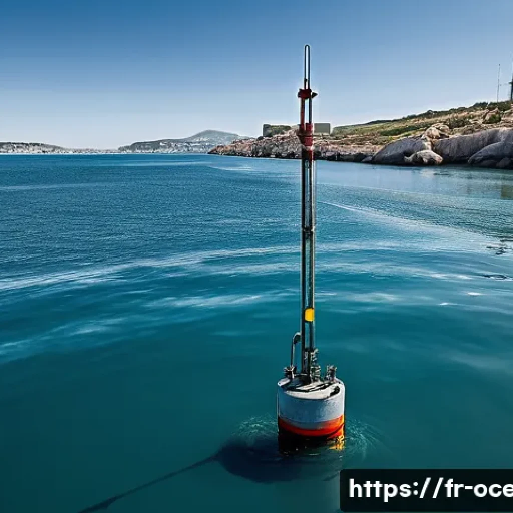 수중 환경 모니터링 시스템 - A detailed underwater scene showing a robust multiparameter submerged sensor attached to a buoy in a...