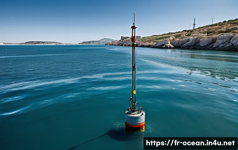 수중 환경 모니터링 시스템 - A detailed underwater scene showing a robust multiparameter submerged sensor attached to a buoy in a...