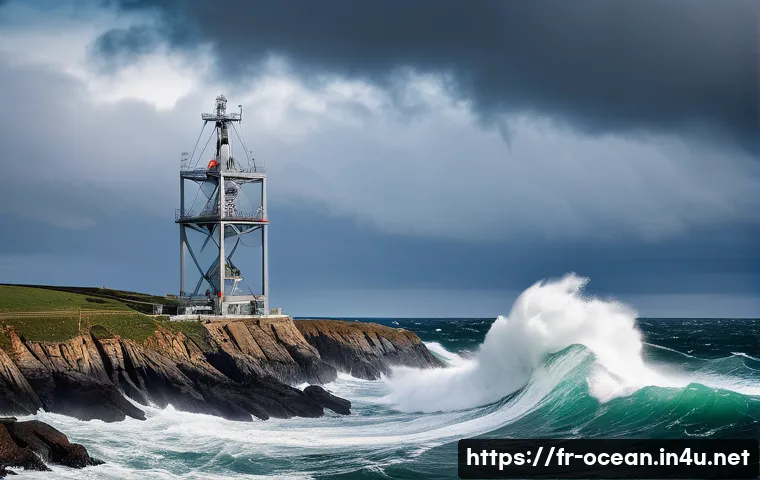 해양 에너지 기술 - A dramatic seascape off the coast of Brittany, France, featuring large, powerful ocean waves crashin...