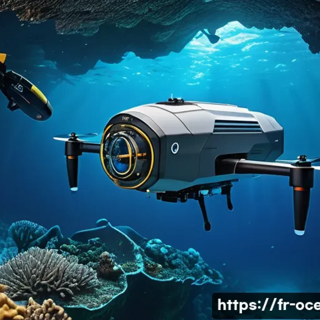 해양기술의 미래 전망 - A high-tech autonomous underwater drone navigating through a deep ocean trench, equipped with advanc...