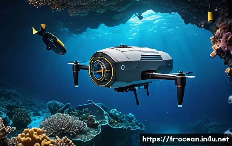 해양기술의 미래 전망 - A high-tech autonomous underwater drone navigating through a deep ocean trench, equipped with advanc...
