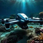 수중 센서 기술 - A highly detailed underwater scene showing an advanced autonomous underwater drone equipped with mul...