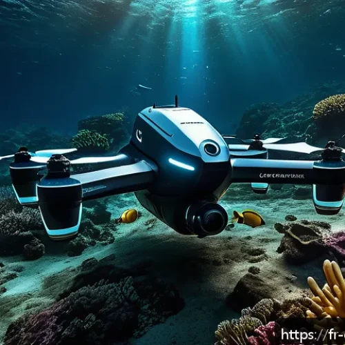 수중 센서 기술 - A highly detailed underwater scene showing an advanced autonomous underwater drone equipped with mul...