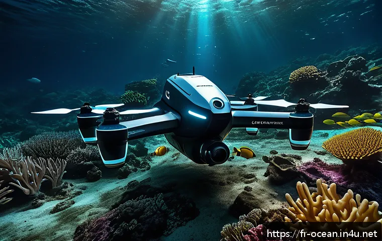 수중 센서 기술 - A highly detailed underwater scene showing an advanced autonomous underwater drone equipped with mul...