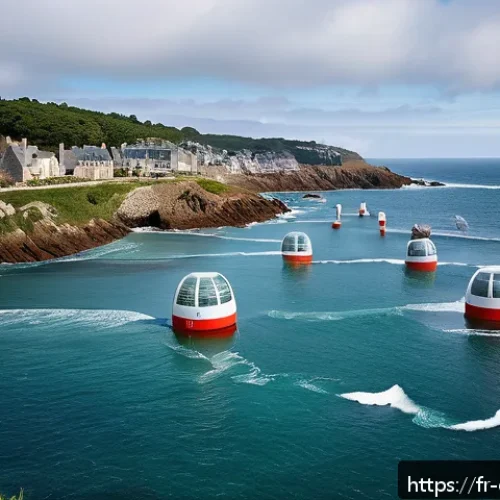 해양에너지 저장 시스템 - A coastal scene in Brittany, France, showing advanced wave energy converters installed near a pictur...