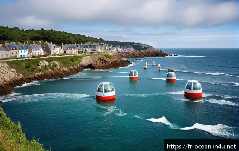 해양에너지 저장 시스템 - A coastal scene in Brittany, France, showing advanced wave energy converters installed near a pictur...