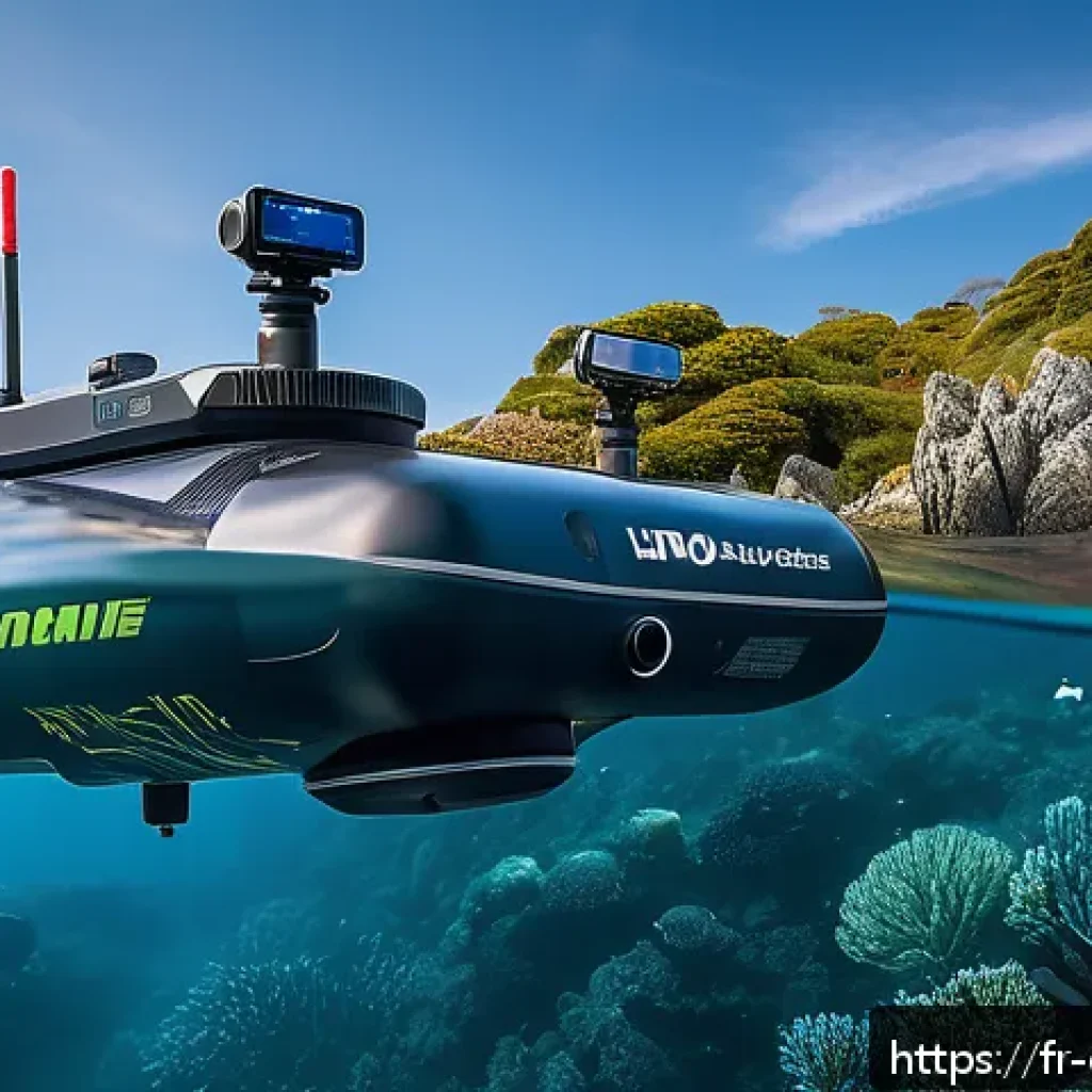 해양 자원 관리 기술 - A high-tech underwater drone navigating the deep marine environment off the coast of Brittany, equip...