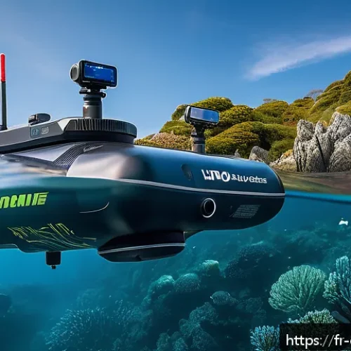 해양 자원 관리 기술 - A high-tech underwater drone navigating the deep marine environment off the coast of Brittany, equip...