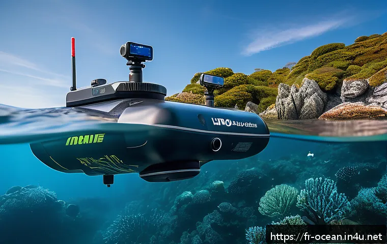 해양 자원 관리 기술 - A high-tech underwater drone navigating the deep marine environment off the coast of Brittany, equip...