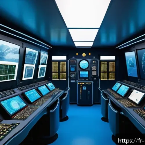 잠수함 건설 기술 - An interior view of a modern submarine control room highlighting advanced electric propulsion system...