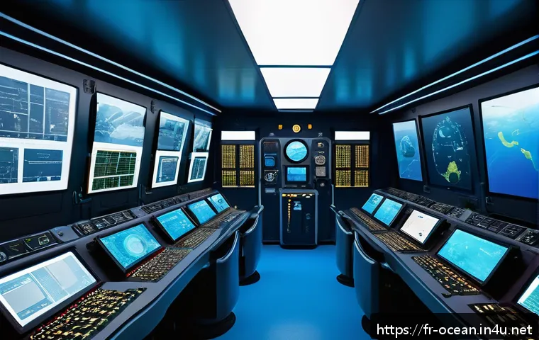잠수함 건설 기술 - An interior view of a modern submarine control room highlighting advanced electric propulsion system...