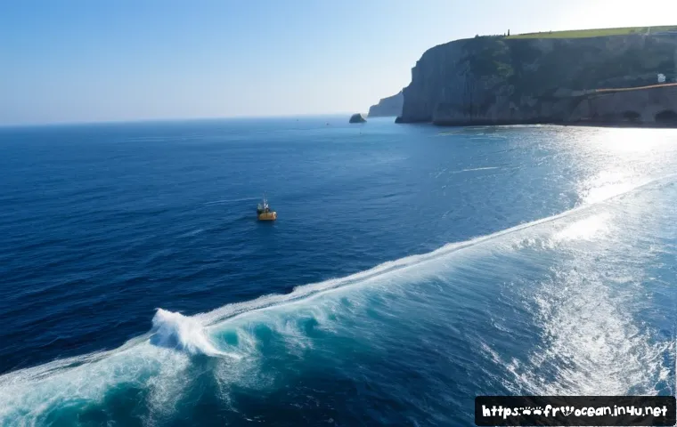 파도 에너지 변환 기술 - Photorealistic wide coastal scene on the Atlantic coast of France, a modern offshore wave energy con...