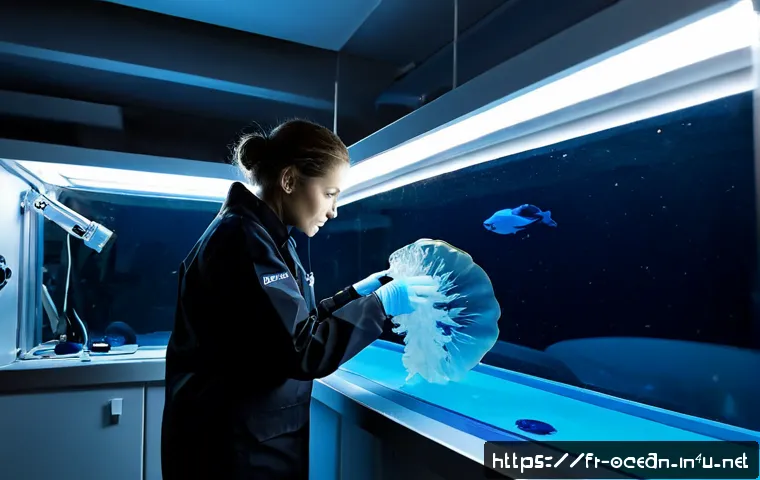 Home 17 심해 생물 연구 - Photorealistic deep-sea biology research scene inside a modern French oceanographic vessel laborator...